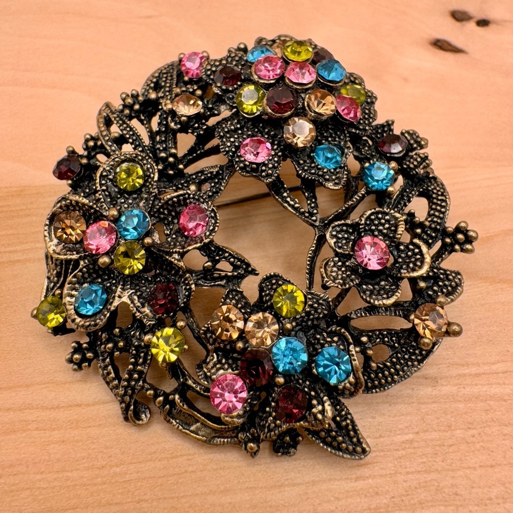 Pink and Blue Floral Wreath Brooch